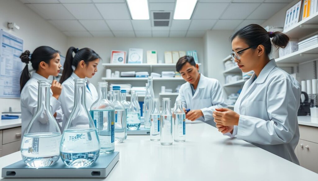 A clean, clinical laboratory setting with state-of-the-art equipment. On a bright, well-lit workbench, glass beakers and test tubes filled with crystal-clear water shimmer under the focused gaze of a team of scientists in white coats, examining the samples with keen interest. The walls are lined with shelves of analytical instruments, charts, and scientific journals, creating an atmosphere of rigorous, evidence-based research. The image conveys a sense of scientific diligence and the pursuit of knowledge, perfectly suited to illustrate the "Clinical Studies and Scientific Evidence" section of the article on "Hydrogen Water for Cholesterol Wellness Group Malaysia."