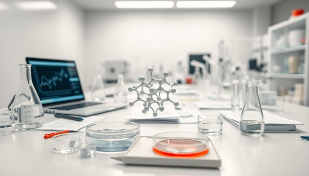 A clean white laboratory desk, neatly organized with beakers, pipettes, and a laptop displaying intricate graphs and charts. Soft, even lighting from overhead casts a professional, clinical atmosphere. In the foreground, petri dishes and test tubes filled with clear liquids sit amidst a scattering of notes and research papers. The middle ground features a 3D model of a molecular structure, rotating gently to showcase its complexity. The background blurs softly, hinting at other scientific equipment and instrumentation, creating a sense of a bustling, active research environment.