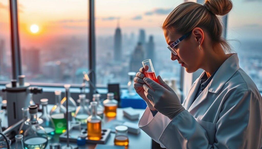 A clinical laboratory setting with modern scientific equipment and instruments. In the foreground, a researcher in a white lab coat carefully examines a test tube filled with a vibrant, luminescent liquid - an antioxidant-rich beverage sample. The middle ground features rows of beakers, Petri dishes, and other lab glassware, illuminated by the warm glow of task lighting. In the background, a large observation window reveals a panoramic view of the city skyline, bathed in the soft, diffused light of a golden hour sunset. The overall atmosphere conveys a sense of meticulous scientific inquiry, innovation, and the pursuit of wellness breakthroughs.