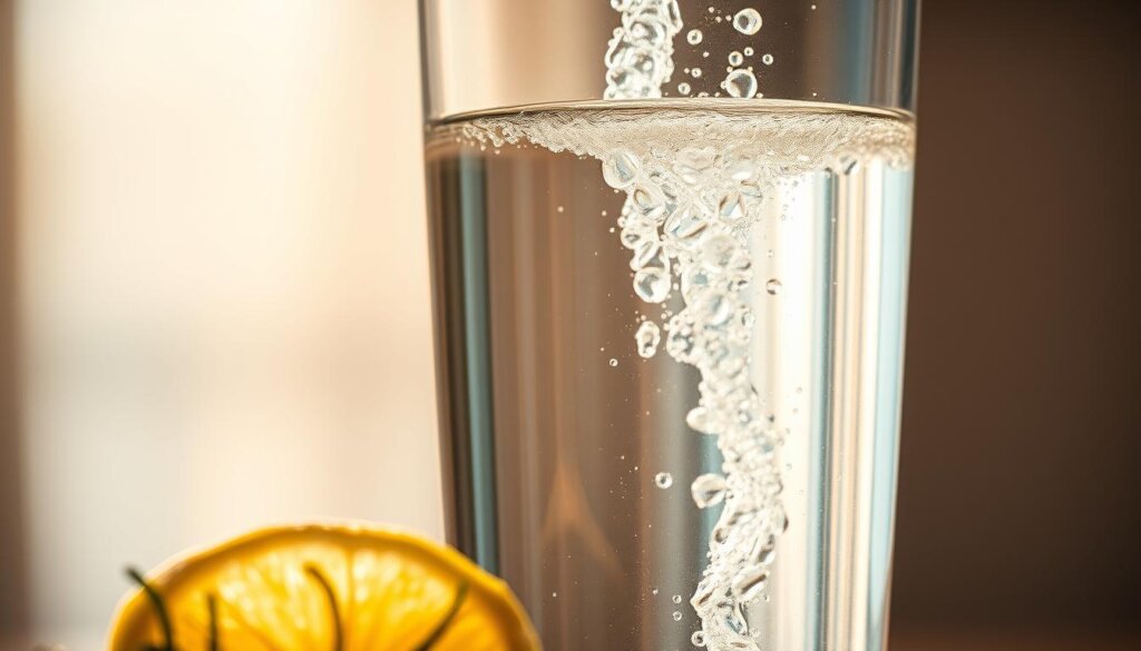 A close-up view of a glass of crystal clear water, with a gentle stream of tiny hydrogen bubbles gently rising to the surface. The water appears vibrant and alive, reflecting the warm, natural lighting that illuminates the scene from the side. In the foreground, a slice of lemon or a sprig of fresh herbs adds a touch of natural elegance. The background is hazy and out of focus, allowing the viewer to focus on the captivating essence of the hydrogen-infused water. The overall mood is one of purity, health, and the restorative power of nature.