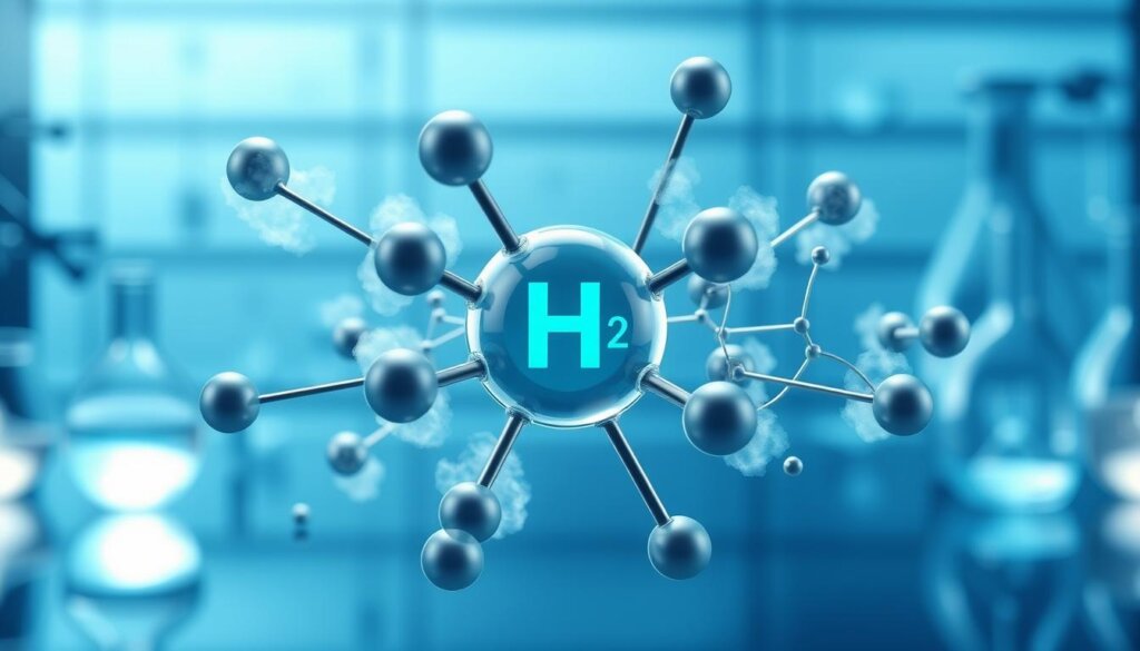 A detailed 3D illustration of the molecular structure of hydrogen, showcasing its antioxidant properties. In the foreground, a central hydrogen molecule is prominently displayed, surrounded by electron clouds. In the middle ground, intricate networks of hydrogen bonds and reactive oxygen species are visible, demonstrating the scavenging of free radicals. The background features a serene, blue-tinted laboratory setting, with beakers and equipment subtly present, conveying a sense of scientific inquiry. The lighting is soft and diffused, enhancing the clarity of the molecular details. The overall composition strikes a balance between technical accuracy and visual appeal, conveying the scientific principles behind the antioxidant properties of hydrogen.