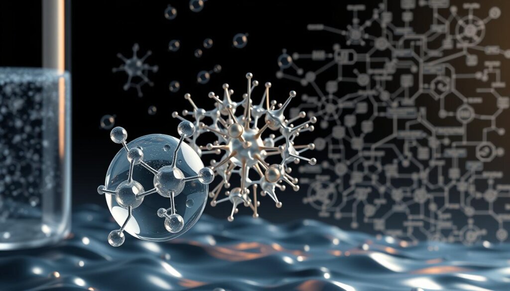 A detailed digital illustration depicting the antioxidant mechanism of hydrogen-rich water. In the foreground, a molecular model of a water molecule with dissolved hydrogen atoms, representing the hydrogen-rich water. In the middle ground, an array of free radicals or oxidative species visually portrayed as jagged, dynamic shapes. In the background, a network of enzymatic pathways and biological processes, conveying the complex metabolic interactions. The image should have a clean, scientific aesthetic with muted colors, crisp lines, and a sense of depth and balance. Lighting should be from multiple angles to highlight the molecular structures and biochemical processes. The overall mood should be one of scientific exploration and understanding of this antioxidant mechanism.