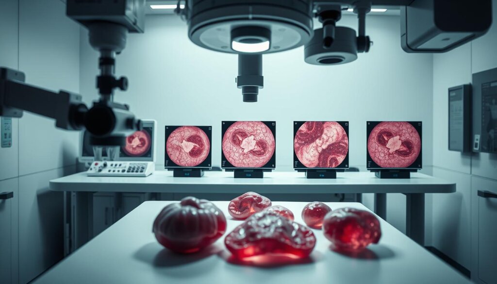 A detailed microscopic examination of various tumor evaluation methods, including precise measurements of size, weight, and degree of fibrosis. The scene depicts a well-lit, sterile laboratory setting, with a central examination table showcasing several tissue samples under advanced imaging equipment. Subtle shadows and reflections create depth and a sense of scientific precision. The mood is one of clinical objectivity, with a focus on the technical process of quantifying tumor characteristics in preclinical models. The prompt aims to visually communicate the specialized techniques used to assess the effectiveness of potential cancer treatments.