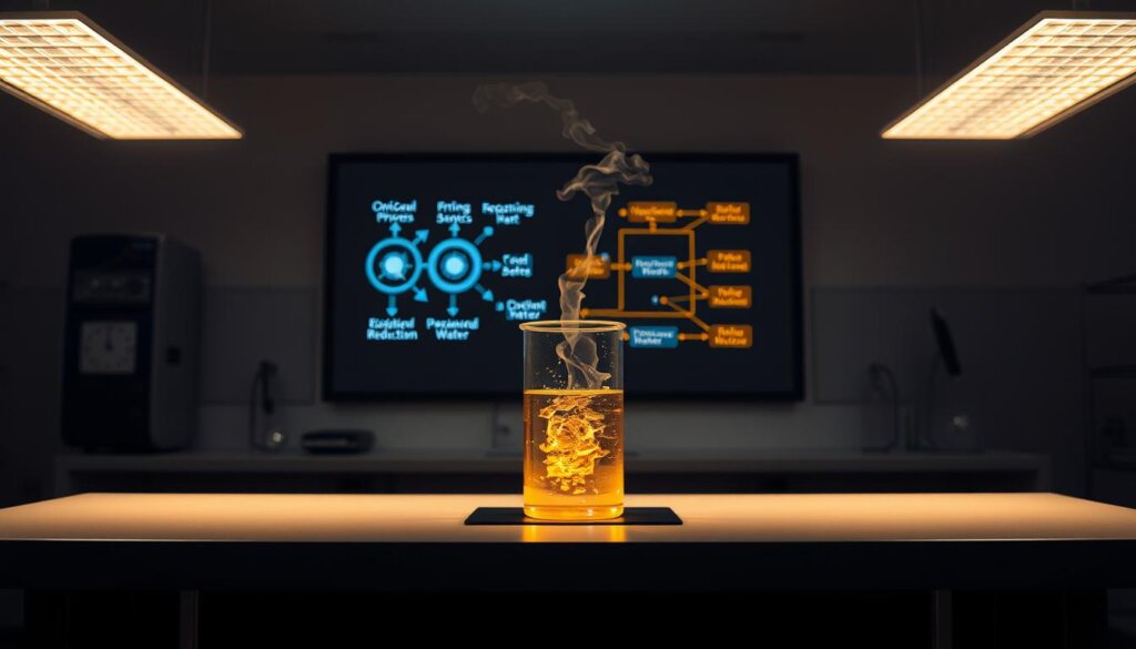 A dimly lit laboratory interior, with a central workbench illuminated by soft, warm overhead lighting. On the bench, a beaker filled with a glowing, golden-hued liquid, representing hydrogen-infused water. Wisps of steam rise from the liquid, creating a sense of tranquility and relaxation. In the background, a schematic diagram depicting the cellular processes of oxidative stress reduction is projected onto a large screen, providing a visual context for the healing properties of hydrogen water. The scene conveys a sense of scientific discovery and the potential for wellness, with a focus on the transformative power of this innovative health solution.