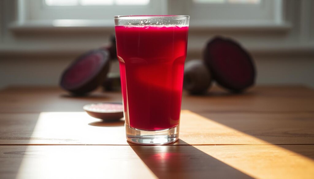A glass filled with vibrant, deep red beetroot juice rests on a wooden table, casting a warm, natural glow. The liquid's rich, earthy hue is accentuated by the soft, diffused lighting, creating a tranquil, inviting atmosphere. Droplets of moisture cling to the glass, reflecting the light and adding a subtle shimmer. In the background, a minimalist, white-walled setting provides a clean, uncluttered backdrop, allowing the beetroot juice to take center stage. The overall composition exudes a sense of health, vitality, and the simplicity of incorporating this nutritious ingredient into one's daily life.