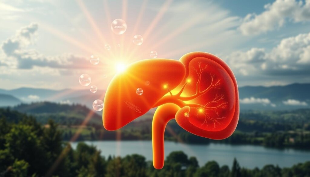 A luminous, realistic illustration of liver health benefits derived from antioxidants. In the foreground, a vibrant cross-section of a human liver, its intricate cellular structure aglow with a warm, golden hue. Surrounding it, a halo of translucent, radiant spheres representing various antioxidant compounds - vitamin C, vitamin E, glutathione, and others. The middle ground features a serene, natural landscape, with lush greenery and a calm, reflective body of water. Subtle beams of soft, diffused light filter through, creating a sense of tranquility and wellbeing. In the background, a panoramic vista of rolling hills and a gently clouded sky, conveying an atmosphere of harmony and balance. Crisp, high-resolution details throughout, with a photorealistic aesthetic.