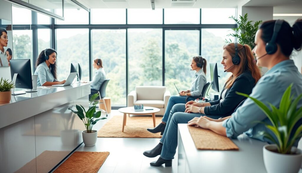 A modern, airy office setting with a team of friendly, approachable customer service representatives assisting clients through various channels. The foreground features a receptionist's desk with a warm, inviting welcome mat and a potted plant adding a touch of nature. Behind, a row of workstations with agents wearing headsets, focused on their screens and engaged in conversation. The middle ground showcases a cozy lounge area with comfortable chairs and a small coffee table, creating a relaxed atmosphere for consultations. The background features large windows overlooking a serene, natural landscape, bathing the space in soft, diffused lighting. The overall mood is one of professionalism, efficiency, and a genuine commitment to customer well-being.