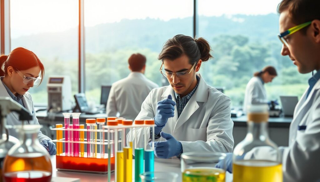 A modern laboratory setting with scientists in white coats intently examining test tubes, Petri dishes, and analytical equipment. The foreground features a close-up view of a scientific experiment in progress, with colorful liquids and compounds being carefully measured and analyzed. The middle ground showcases a bank of high-tech instrumentation and monitoring systems, while the background depicts a large panoramic window offering a view of a lush, verdant outdoor landscape, suggesting the connection between scientific research and the natural world. Soft, indirect lighting casts a warm, contemplative glow over the scene, creating an atmosphere of focused, thoughtful inquiry.