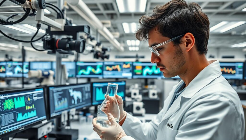 A modern scientific research laboratory with clean, bright lighting and crisp, high-resolution cameras capturing various experiments and data analysis. In the foreground, a scientist in a white lab coat carefully examines a beaker of clear liquid, focused expression on their face. In the middle ground, rows of computer monitors display intricate graphs, charts, and simulation models. The background showcases an array of high-tech equipment, test tubes, and scientific instruments, all contributing to an atmosphere of cutting-edge discovery and innovation. The scene conveys a sense of serious, meticulous research aimed at advancing scientific understanding.