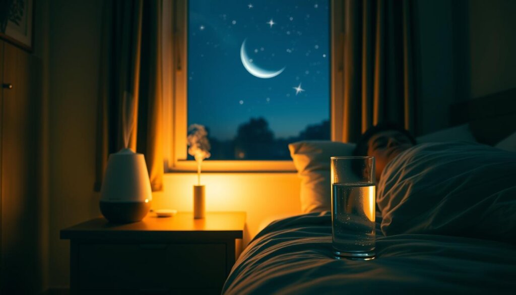 A serene nighttime scene in a cozy bedroom. In the foreground, a person relaxes on a plush bed, a glass of hydrogen-infused water on the nightstand. Warm, soft lighting illuminates the room, creating a tranquil atmosphere. The middle ground features a small humidifier, gently misting the air, and a calming essential oil diffuser. In the background, a window overlooks a peaceful nightscape, with a crescent moon and twinkling stars. The overall mood is one of relaxation and rest, inviting the viewer to imagine a soothing bedtime routine centered around the benefits of hydrogen water.