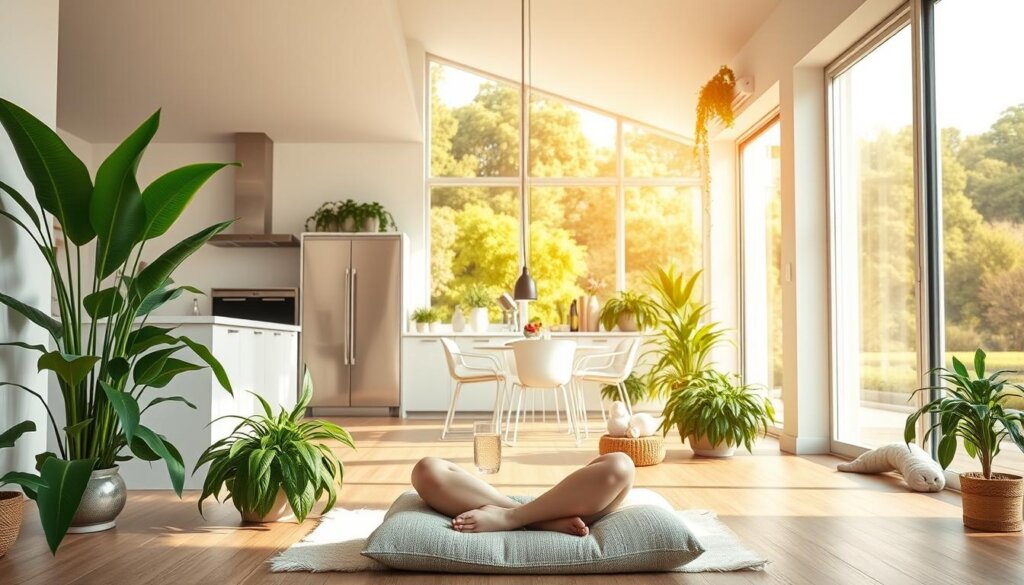 A serene, sun-drenched home interior with an open floor plan. In the foreground, a person sits cross-legged on a plush floor cushion, sipping from a glass of clear, sparkling water. Lush, vibrant houseplants adorn the space, creating a calming, rejuvenating atmosphere. The middle ground features a sleek, modern kitchen with minimalist, stainless steel appliances and countertops. In the background, large windows offer a panoramic view of a lush, verdant outdoor landscape, bathed in warm, golden light. The overall scene conveys a sense of balanced, harmonious living, where wellness and lifestyle optimization are seamlessly integrated.