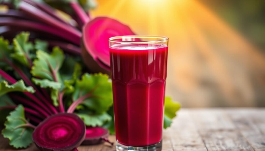 A vibrant and informative image showcasing the health benefits of beetroot juice. In the foreground, a freshly pressed glass of deep crimson beetroot juice, with beams of warm, golden light illuminating the liquid's rich, earthy hues. In the middle ground, an arrangement of fresh, leafy beets, their deep purple-red roots and emerald green tops contrasting beautifully. The background depicts a serene, natural setting, perhaps a lush, verdant garden or a tranquil farm setting, to convey the wholesome, organic origins of this nutrient-dense superfood. The lighting is soft and diffused, creating a calming, inviting atmosphere that emphasizes the healthful properties of beetroot juice. The overall composition should inspire a sense of vitality, wellness, and the transformative power of this extraordinary natural elixir.