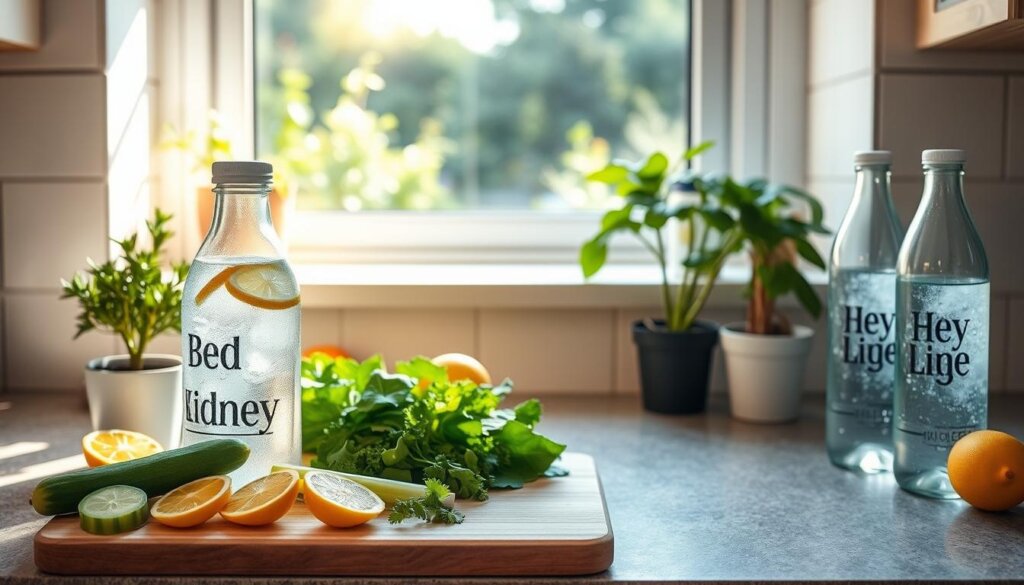 A vibrant and serene kitchen countertop scene, bathed in soft natural light. In the foreground, a glass carafe filled with sparkling hydrogen-enriched water stands alongside reusable water bottles, fresh lemon slices, and a small potted plant. The middle ground features a cutting board with kidney-friendly vegetables like cucumbers, celery, and leafy greens, suggesting a balanced, nutrient-rich diet. In the background, a window overlooking a lush, verdant garden creates a calming, restorative atmosphere, encouraging a mindful approach to hydration and wellness. The overall composition conveys a sense of simplicity, balance, and a commitment to a kidney-friendly lifestyle.