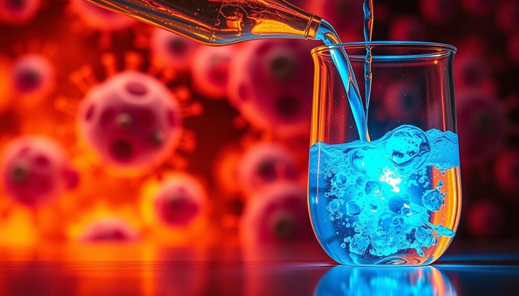 A vibrant, color-rich scene depicting the synergistic effects of hydrogen water and chemotherapy. In the foreground, a beaker filled with a luminous, glowing blue liquid - hydrogen water - being carefully combined with a vial of amber-colored chemotherapy medication. The background features a microscopic view of cancer cells, their structures distorted and disintegrating under the combined effects of the two treatments. Warm, diffused lighting casts a sense of hope and scientific discovery, while a clean, clinical aesthetic emphasizes the medical and technological nature of the scene. The overall composition conveys the powerful, complementary anti-carcinogenic properties of this novel wellness solution.