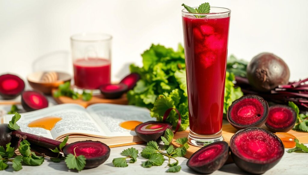 A vibrant still life composition showcasing an array of beetroot juice recipes. In the foreground, a tall glass filled with rich, crimson beetroot juice, garnished with a fresh sprig of mint. Surrounding the glass, various ingredients are artfully arranged - freshly cut beets, leafy greens, and a drizzle of honey, all illuminated by soft, natural lighting. In the middle ground, a wooden board displays an open recipe book with handwritten notes, alongside a juicer and other kitchen utensils. The background features a clean, minimalist backdrop, allowing the vibrant colors and textures of the beetroot-based dishes to take center stage. The overall scene conveys a sense of health, wellness, and the versatility of incorporating beetroot juice into one's daily diet.