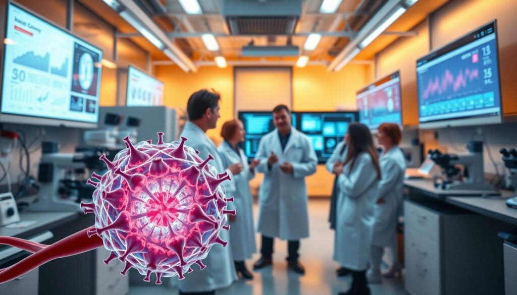 A well-lit laboratory interior, with state-of-the-art research equipment and scientists in white coats diligently examining samples under high-powered microscopes. In the foreground, a 3D molecular model of a lung cancer cell, its intricate structure illuminated against a backdrop of data visualizations and charts on digital displays. The middle ground features a team of researchers engaged in animated discussion, gesturing towards a large touchscreen interface displaying the latest advancements in lung cancer research. Warm, focused lighting casts a sense of discovery and progress, conveying the mood of innovation and the collective effort to push the boundaries of oncology.