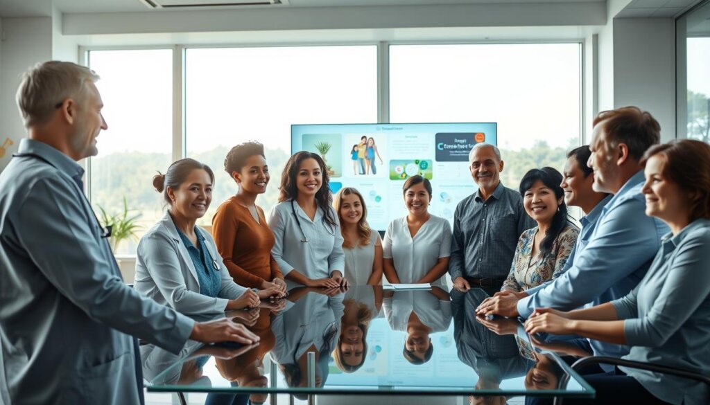 A well-lit, modern medical office setting, with a warm and inviting atmosphere. In the foreground, a group of diverse people - a doctor, a nurse, and several patients - engaged in a collaborative discussion around a glass-top table, their expressions radiating a sense of empowerment and trust. The middle ground features a large display screen showcasing visual aids and educational materials related to diabetes management. The background is filled with natural light, highlighted by large windows overlooking a serene outdoor landscape, symbolizing the holistic approach to wellness. The overall scene conveys a sense of expertise, support, and a shared commitment to optimal diabetes care.