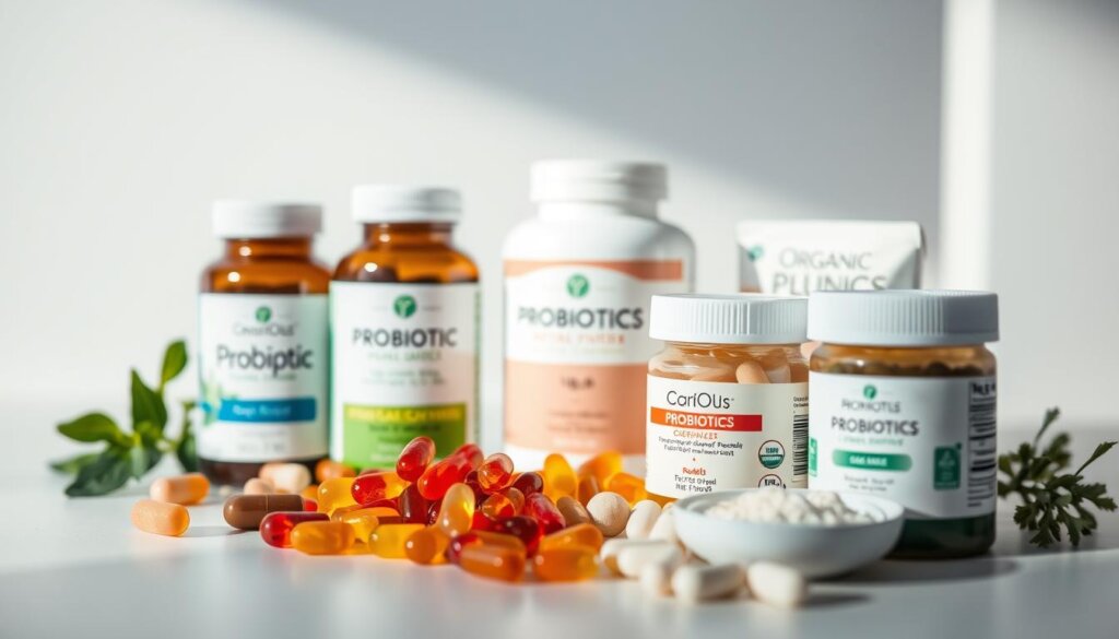 A beautifully lit close-up shot of an assortment of high-quality probiotic supplements, including capsules, gummies, and powders, arranged neatly on a modern, minimalist white background. The supplements are showcased in a visually appealing manner, highlighting their natural, organic ingredients and the benefits they provide for gut health. The lighting is soft and diffused, creating a warm, inviting atmosphere that emphasizes the purity and effectiveness of the probiotic products. The camera angle is slightly angled, adding depth and dimension to the image, while maintaining a crisp, in-focus representation of the supplements.