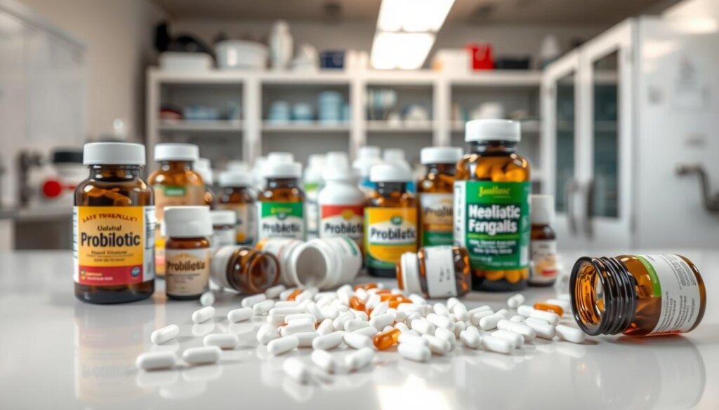 A bright, well-lit laboratory setting with scientific equipment in the background. In the foreground, an array of probiotic supplement bottles, each with a different label, scattered haphazardly on a clean, reflective countertop. The bottles are partially obscured by small clusters of white pills, vitamins, and other supplements, suggesting a cluttered and disorganized selection process. The overall composition creates a sense of confusion and potential mistakes in choosing the right probiotic for one's needs.