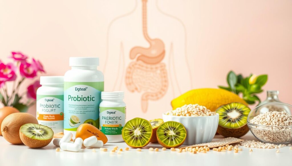 A brightly lit, high-resolution image showcasing common digestive health solutions. In the foreground, various probiotic supplements, fiber-rich foods like kiwis, yogurt, and whole grains are neatly arranged. The middle ground features a soothing, pastel-colored backdrop, evoking a sense of natural wellness. In the background, a simplified anatomical illustration of the human digestive system highlights key organs, subtly conveying the connection between the solutions and their physiological benefits. The lighting is soft and diffused, creating a calming, almost clinical atmosphere. The composition is balanced, with a clean, minimalist aesthetic that emphasizes the products and their potential to address common digestive issues.