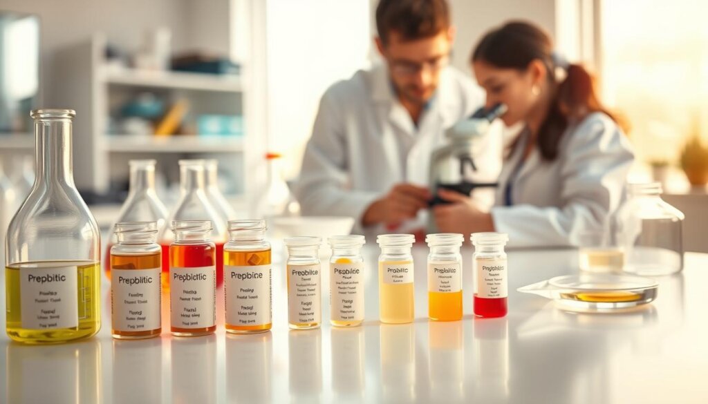 A brightly lit laboratory scene with glass beakers, test tubes, and petri dishes prominently displayed on a pristine white countertop. In the foreground, several probiotic strain samples are carefully arranged, each labeled with their scientific names. The middle ground features a scientist in a lab coat examining a microscope slide, deep in contemplation. The background is softly blurred, giving a sense of focus and attention to the selection of probiotic strains. Warm, natural lighting illuminates the scene, creating a sense of scientific inquiry and consideration. The overall mood is one of thoughtfulness and precision, reflecting the importance of choosing the right probiotic strains.