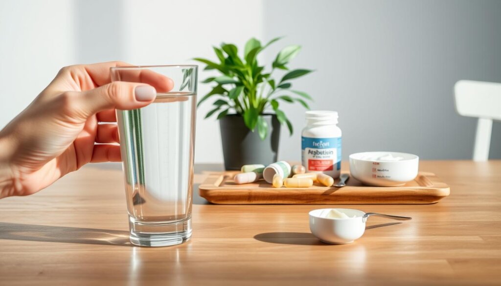 A brightly lit tabletop scene showcasing the effective use of probiotic capsules. In the foreground, a glass of water and a hand elegantly holding a probiotic capsule, ready to be consumed. The middle ground features a wooden tray with several probiotic capsules, a measuring spoon, and a small bowl of yogurt, emphasizing the importance of proper dosage and complementary food sources. In the background, a potted plant and a clean, minimalist backdrop create a serene, wellness-inspired atmosphere. The lighting is soft and natural, accentuating the simplicity and efficacy of the probiotic routine.