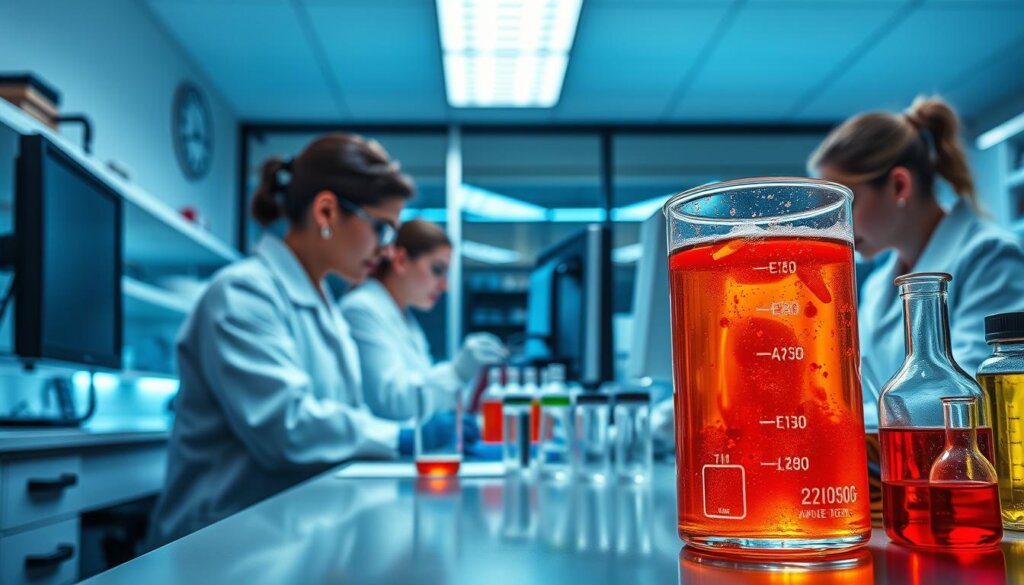A brightly lit, well-equipped research laboratory, with scientists in white coats carefully examining test tubes, pipettes, and computer screens. In the foreground, a close-up view of a beaker filled with a vibrant, energetic-looking liquid, likely representing an antioxidant-rich sports drink or supplement. The middle ground showcases various scientific instruments and equipment, suggesting the rigorous, analytical nature of the research. The background depicts a clean, modern workspace with sleek, minimalist design elements, conveying a sense of professionalism and innovation. The overall scene evokes a feeling of scientific exploration, dedication, and the pursuit of cutting-edge advancements in sports nutrition and recovery.