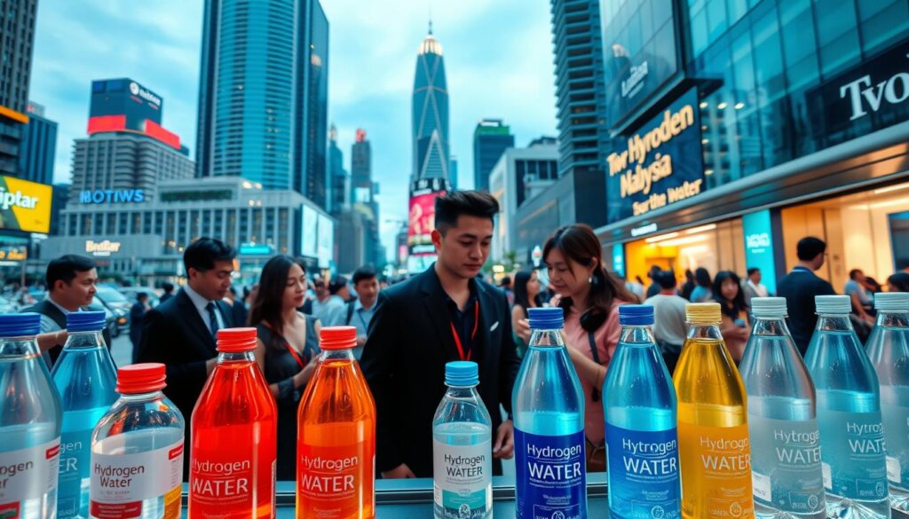 A bustling cityscape with skyscrapers and modern architecture, captured in a wide, dynamic angle. In the foreground, a display of various bottled hydrogen-infused water products, showcasing their vibrant colors and sleek packaging. The middle ground features people inspecting the water bottles, some engaged in animated discussions. The background depicts the lively commercial district, with people going about their daily lives. The lighting is crisp and bright, emphasizing the futuristic, technology-driven atmosphere. The overall mood conveys a sense of innovation, health consciousness, and the growing popularity of hydrogen water in the Malaysian market.