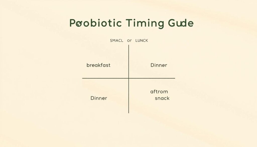 A clean, minimal illustration of a "Probiotic Timing Guide" on a soft, neutral background. In the foreground, a simple grid layout showcases four quadrants, each highlighting a meal or snack occasion - breakfast, lunch, dinner, and an afternoon snack. Within each quadrant, a small icon or pictogram represents the ideal time to consume probiotic-rich foods. The layout is well-spaced and easy to read, with a warm, inviting color palette of earthy tones. Soft, diffused lighting from the top left casts gentle shadows, creating depth and emphasizing the informational nature of the guide. The overall aesthetic is modern, approachable, and designed to seamlessly integrate into the article about incorporating probiotics into a daily routine.