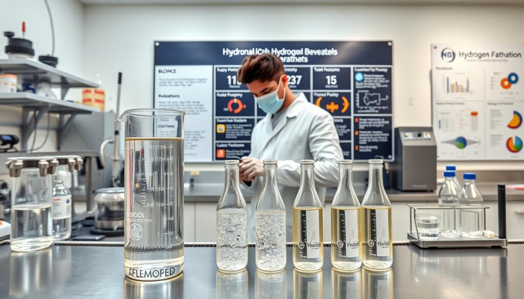A clean, well-lit laboratory environment with various measuring instruments, test tubes, and scientific equipment arranged neatly on a stainless steel workbench. In the foreground, a technician in a white lab coat carefully examines the properties of a clear, sparkling liquid in a beaker, which reflects the bright overhead lighting. In the middle ground, several hydrogen-rich beverage samples in transparent bottles are displayed, their molecular structures visible through the glass. The background features a sleek, minimalist display wall showcasing detailed charts and infographics presenting the key quality parameters for evaluating the purity, hydrogen concentration, and other critical factors of hydrogen-infused beverages.