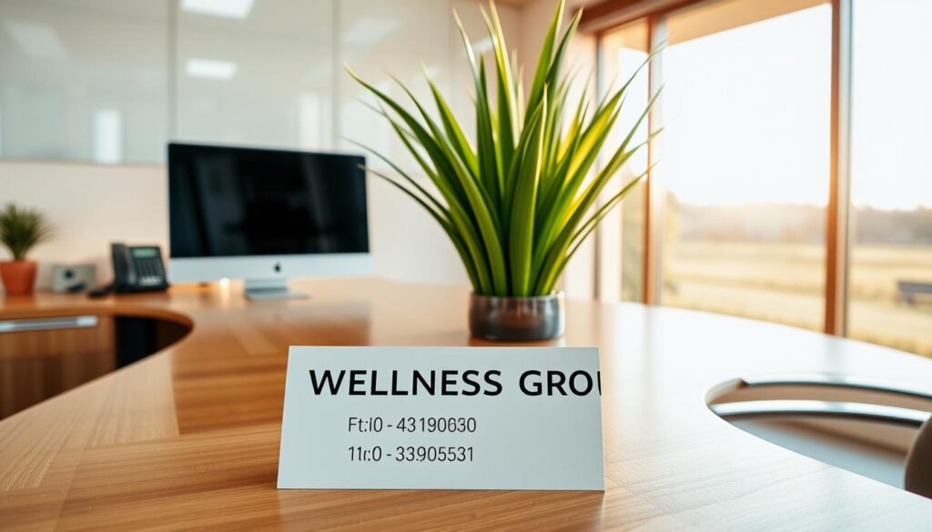 A clean, well-lit office space featuring a sleek wooden desk with a modern desktop computer, a telephone, and a striking plant centerpiece. In the foreground, a neatly organized display showcases the Wellness Group's contact details, including their address, phone number, and business hours, all presented in a crisp, legible font. The background features a large window overlooking a serene outdoor scene, bathed in warm, natural lighting that creates a calming, professional atmosphere. The overall composition conveys a sense of professionalism, attention to detail, and a commitment to providing excellent customer service.