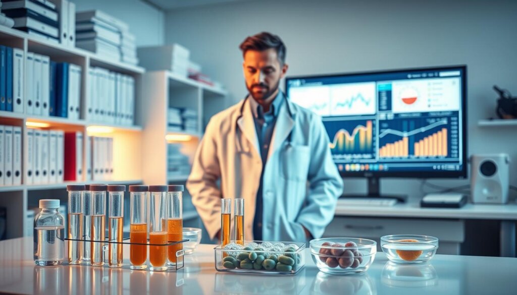 A clinical laboratory setting with a medical researcher in a white coat standing at a desk, examining test tubes and petri dishes filled with probiotics. Behind them, a bookshelf with medical textbooks and a large computer monitor displaying graphs and data analysis. Soft, warm lighting illuminates the scene, creating a professional and authoritative atmosphere. The overall composition conveys a sense of scientific rigor and evidence-based research supporting the use of probiotics in conjunction with antibiotics.