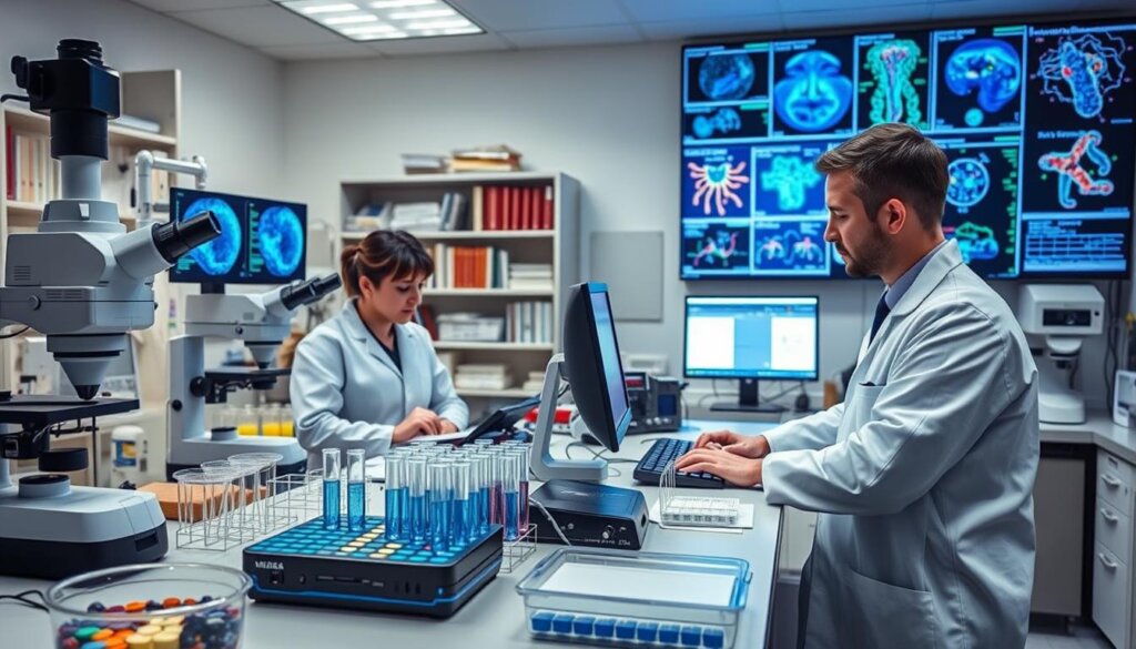A clinical laboratory setting with state-of-the-art equipment and scientists in white coats diligently examining samples under high-powered microscopes. The foreground features petri dishes, test tubes, and advanced medical imaging scans displaying tumor cells and metabolic data. The middle ground showcases a researcher inputting findings into a computer, surrounded by shelves of medical journals and research materials. In the background, a wall-mounted display shows molecular structures, genetic sequences, and promising new treatment strategies. The overall atmosphere conveys a sense of focused, collaborative investigation toward developing innovative, holistic cancer therapies.