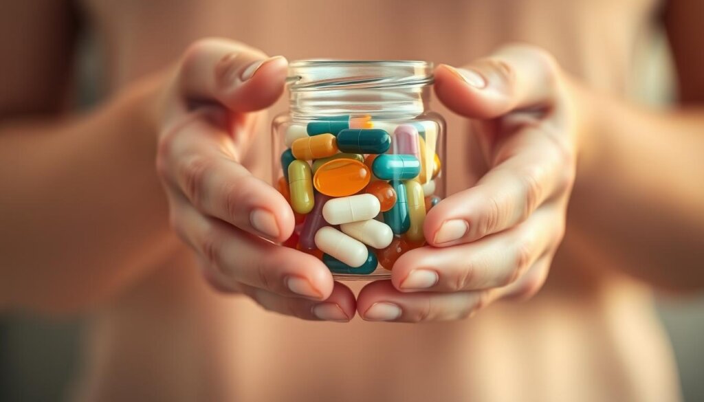 A close-up image of two hands holding a glass jar filled with colorful probiotic capsules against a soft, out-of-focus background. The lighting is warm and diffused, creating a soothing, natural feel. The hands are gently cupping the jar, drawing the viewer's attention to the probiotic supplements and their potential benefits for bone health. The composition is balanced, with the jar positioned slightly off-center to create a sense of depth and visual interest. The overall mood is one of care, wellness, and the importance of gut health for maintaining strong, healthy bones.