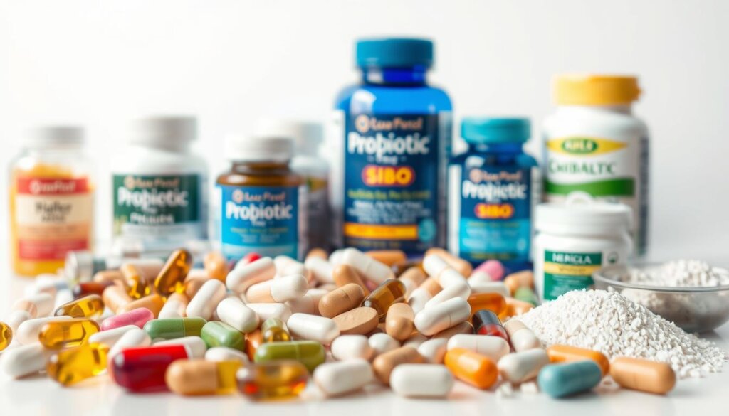 A close-up photograph of various probiotic strains used to manage small intestinal bacterial overgrowth (SIBO), set against a clean, white background. The image should feature a selection of diverse probiotic capsules, tablets, and powder supplements in the foreground, arranged in an aesthetically pleasing composition. The lighting should be soft and diffused, highlighting the textures and colors of the probiotic products. The depth of field should be shallow, keeping the focus on the probiotic supplements while blurring the background. The overall mood should be clinical yet approachable, conveying the importance of these probiotic strains in managing SIBO.
