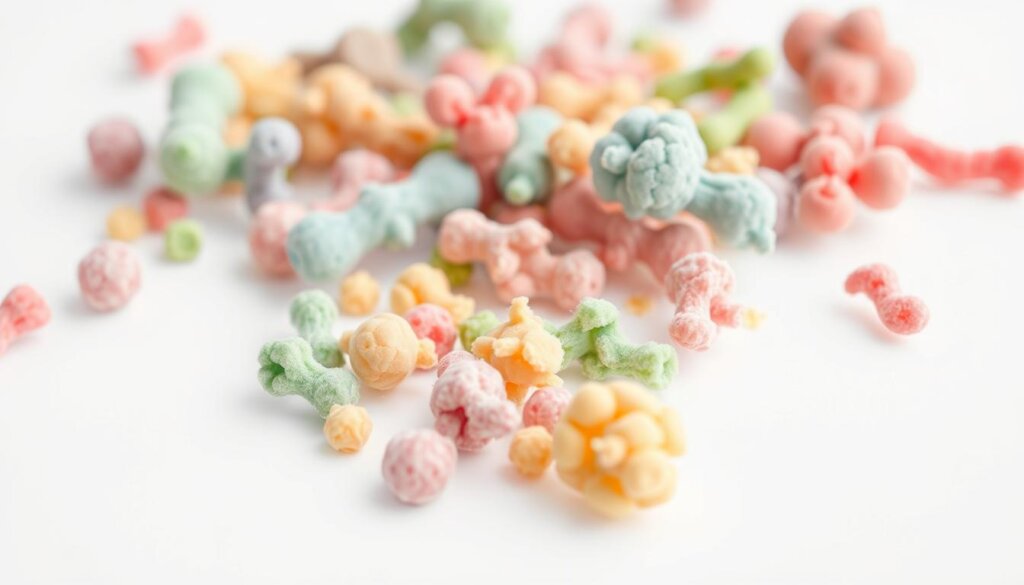 A close-up, sharply focused image of a group of various healthy probiotic bacteria strains, including Lactobacillus, Bifidobacterium, and Saccharomyces, against a crisp, clean white background. The microorganisms are depicted in vibrant, natural colors, with a sense of depth and dimension to convey their three-dimensional structure. The lighting is soft and diffused, creating a sense of purity and wellness. The camera angle is slightly tilted to provide an engaging, dynamic composition. An overall clean, minimalist aesthetic to suggest the efficacy and potency of the probiotics for immune support.