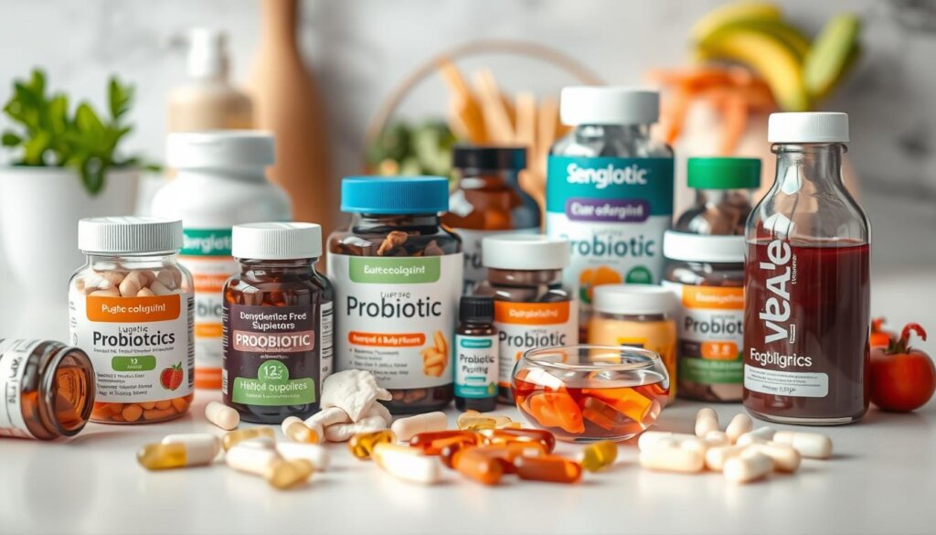 A close-up shot of an assortment of probiotic supplements, such as capsules, powders, and liquids, neatly arranged on a clean, light-colored surface, with fresh, colorful meals or dishes in the background, creating a harmonious and inviting visual composition. The lighting is soft and natural, accentuating the textures and colors of the probiotic products and the accompanying food items. The focus is sharp, and the depth of field is shallow, drawing the viewer's attention to the center of the frame. The overall mood is one of health, balance, and the integration of probiotics into a balanced, nutritious lifestyle.