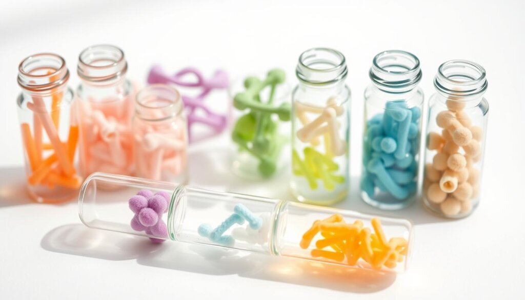 A close-up shot of various probiotic strains, each in its own glass vial, arranged neatly on a white background. The strains are represented by distinct colors and shapes, such as rods, spheres, and spirals, to illustrate their diversity. Diffused natural lighting casts a soft, even glow, highlighting the transparent vials and the intricate details of the microbial cultures within. The overall composition conveys a sense of scientific clarity and the importance of these beneficial bacteria for maintaining healthy, radiant skin.