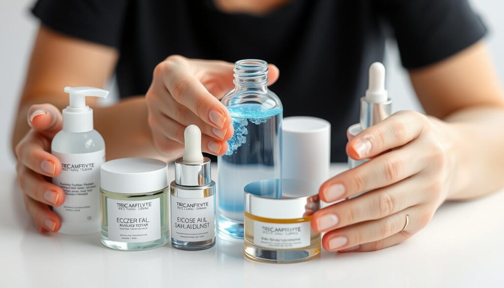 A close-up view of a person's hands carefully applying various skincare products, including a glass bottle filled with a glowing blue liquid, against a clean white background. The products are arranged in an orderly, minimalist aesthetic, with a sense of precision and attention to detail. The lighting is soft and diffused, creating a clinical yet serene atmosphere, highlighting the molecular structure and scientific nature of the skincare solutions. The overall composition emphasizes the importance of a well-thought-out, step-by-step skincare routine for addressing specific skin concerns, like eczema, through the use of advanced, cutting-edge ingredients.