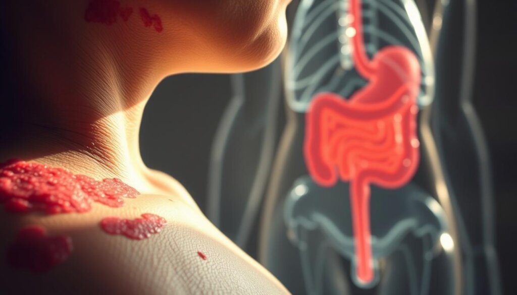 A close-up view of skin conditions linked to gut health, illuminated by soft, natural lighting. In the foreground, a cross-section of the skin reveals inflamed, reddened patches, with a textured, uneven surface. In the middle ground, a translucent illustration of the digestive system, showcasing the intricate connection between the gut and the skin. The background is a serene, muted palette, allowing the skin and gut details to take center stage. The overall composition conveys a sense of introspection and the intimate relationship between these vital systems.