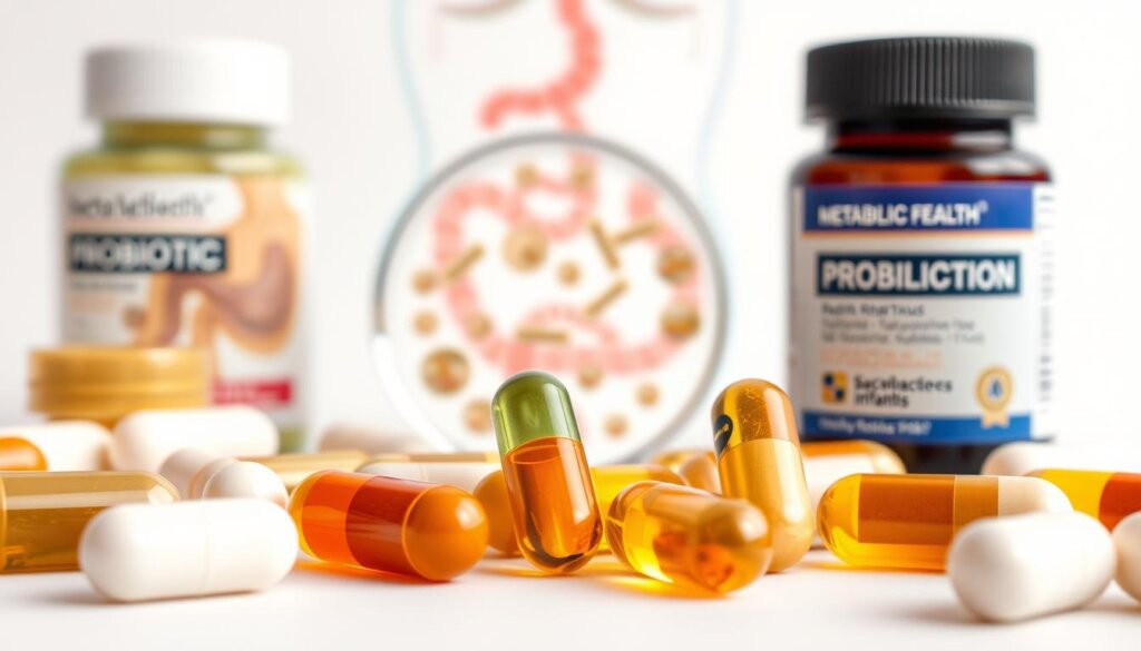 A close-up view of various probiotic capsules and tablets against a clean, bright background. The capsules are in the foreground, showcasing different strains such as Lactobacillus acidophilus, Bifidobacterium infantis, and Saccharomyces boulardii, each with their distinct shapes and colors. In the middle ground, a petri dish with bacterial cultures is visible, representing the scientific research behind these probiotics. The background features a soft, out-of-focus depiction of a healthy human gut, symbolizing the connection between these probiotics and metabolic health. The lighting is natural and diffused, creating a sense of purity and wellness. The overall composition is balanced and visually appealing, inviting the viewer to learn more about the role of probiotics in insulin resistance management.