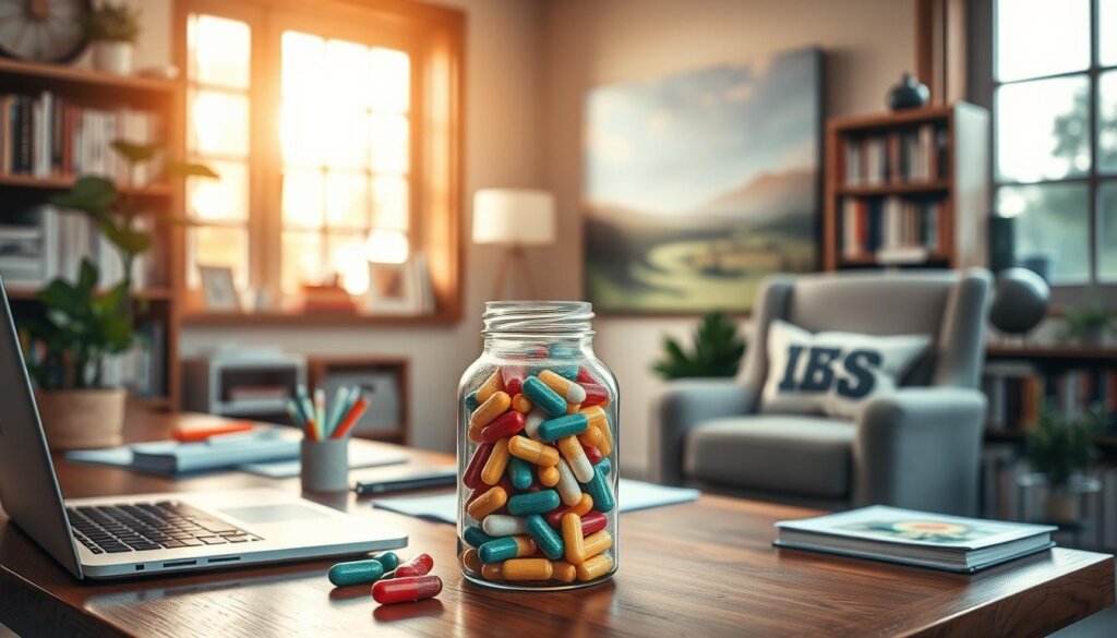 A cozy office setting with a warm, natural lighting filtered through large windows. In the foreground, a wooden desk with a laptop, a potted plant, and various stationery items. On the desk, there is a prominently displayed glass jar filled with multicolored probiotic capsules. The middle ground features a comfortable armchair with a personalized cushion, and a bookshelf filled with health and wellness-related titles. The background showcases a calming landscape painting or a soothing nature scene, creating a serene and inviting atmosphere. The overall composition conveys a sense of expertise, personalized guidance, and a holistic approach to managing IBS symptoms.