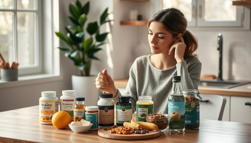 A cozy, well-lit kitchen scene with a woman sitting at a table, arranging a selection of probiotic supplements, beverages, and healthy snacks. Soft, natural lighting filters in through a window, casting a warm glow on the carefully curated arrangement. The woman's expression is thoughtful and focused as she carefully selects and organizes her daily probiotic routine. In the background, a lush indoor plant adds a touch of tranquility to the scene. The image conveys a sense of mindfulness and intention around one's probiotic wellness practices.