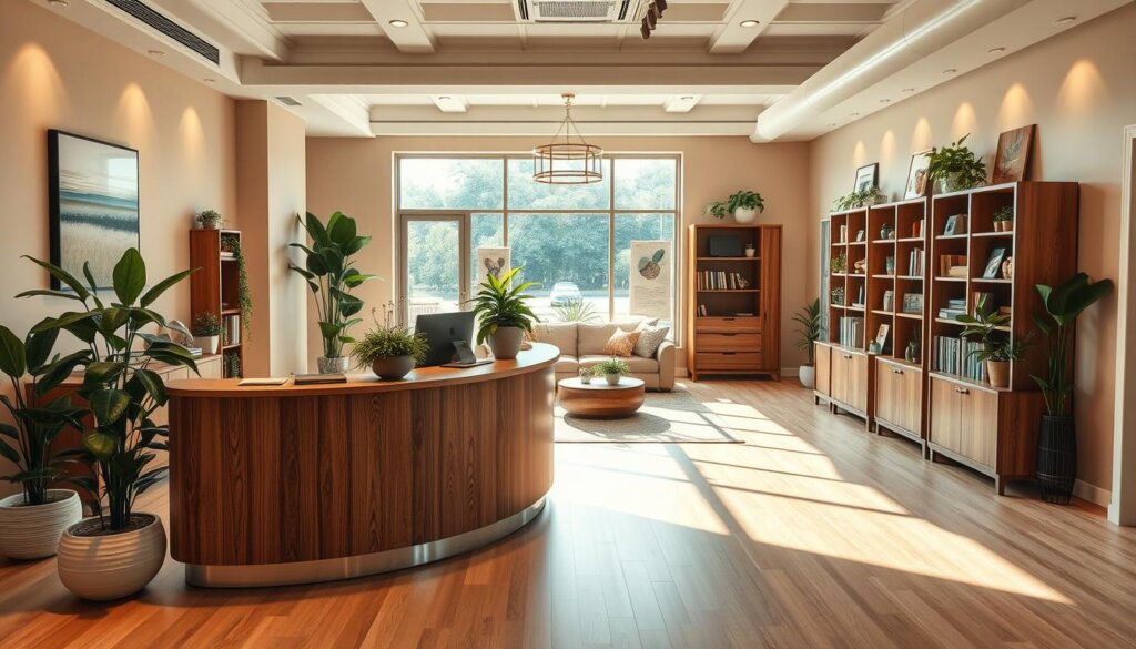 A cozy, well-lit office space with an inviting reception area. A warm, earthy color palette sets the tone, with wooden furniture and soft lighting. In the foreground, a sleek, curved reception desk stands, adorned with lush potted plants and modern decor. Behind the desk, a large window floods the space with natural light, revealing a serene outdoor scene. In the middle ground, comfortable seating arrangements invite visitors to relax, while the walls display soothing, abstract artworks. The background showcases bookshelves and various wellness-themed decor, creating an atmosphere of tranquility and care. The overall impression is one of a professional, yet nurturing environment dedicated to holistic well-being.