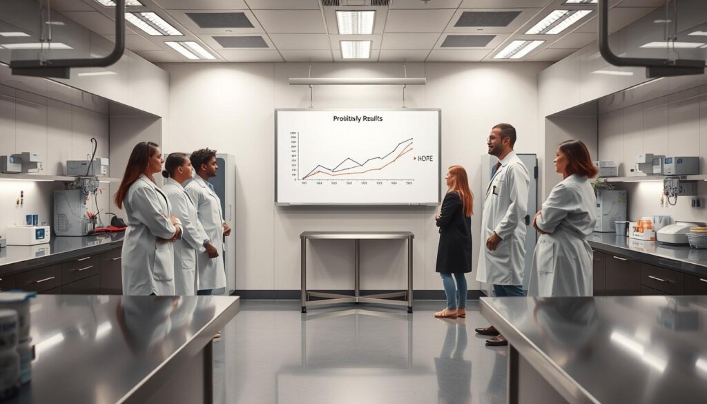 A crisp, clinical laboratory setting with gleaming stainless steel surfaces and modern medical equipment. In the center, a whiteboard displays a graph showcasing the positive results of a probiotic study, the data points neatly charted. Around it, researchers in lab coats stand thoughtfully, examining the findings. Soft, directional lighting illuminates their focused expressions, conveying a sense of scientific discovery and hope. The atmosphere is one of professional rigor and excitement, as the team discusses the implications of their breakthrough. This is a snapshot of a pivotal moment in the journey to understand the power of probiotics in managing emotional eating.