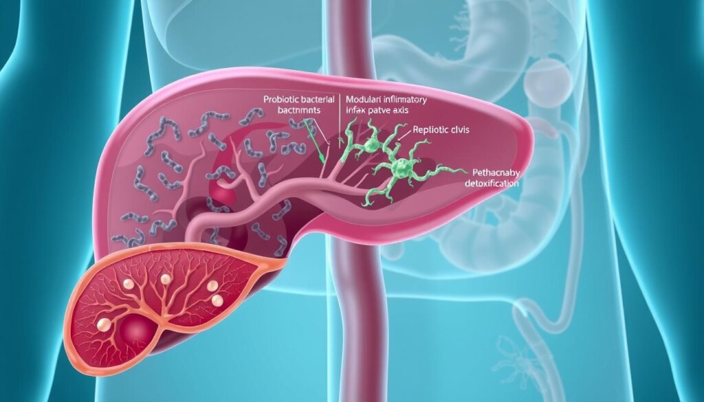 A detailed anatomical illustration depicting the mechanisms by which probiotics support liver health. In the foreground, a cross-section of the liver showcases the intricate network of hepatocytes, Kupffer cells, and bile ducts. In the middle ground, probiotic bacteria are shown interacting with the gut-liver axis, modulating inflammatory pathways and enhancing detoxification. The background depicts the broader physiological context, with the circulatory system, digestive tract, and other organs visible. The illustration is rendered in a clean, technical style using a cool color palette, emphasizing the scientific nature of the subject matter. Soft, directional lighting casts subtle shadows, lending depth and dimension to the scene.