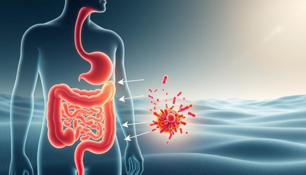 A detailed anatomical illustration showcasing the gut-skin connection and the role of probiotics. In the foreground, a cross-section of the intestinal tract and skin, with arrows highlighting the bidirectional communication between the two. In the middle ground, vibrant, colorful probiotic bacteria thriving in the gut, their beneficial effects radiating outward. The background features a serene, minimalist landscape with soft lighting, conveying a sense of balance and harmony. The overall mood is one of scientific clarity and wellness, inviting the viewer to understand the profound impact of gut health on skin rejuvenation.