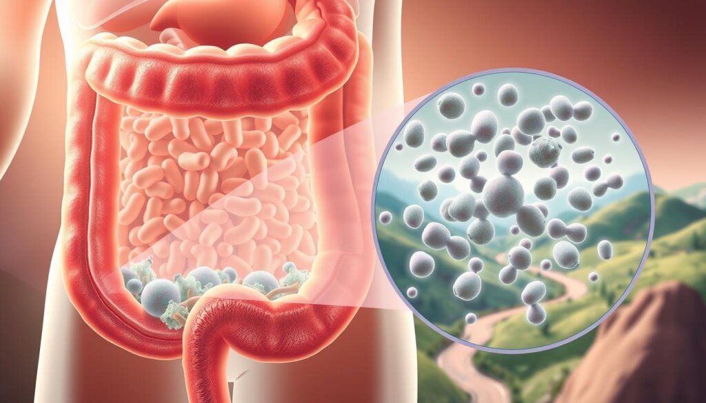 A detailed, close-up illustration depicting the beneficial effects of probiotics on gut health. The foreground showcases a cross-section of the human digestive system, highlighting the intestinal lining and the diverse colony of probiotic bacteria thriving within. The middle ground features a magnified view of individual probiotic cells, their shapes and sizes varied, working in harmony to maintain a healthy gut microbiome. The background paints a scenic landscape of the gastrointestinal tract, with gently winding pathways and soothing, earthy tones. Soft, diffused lighting illuminates the scene, creating a sense of balance and serenity. The overall mood is one of scientific precision combined with a natural, holistic approach to wellness.
