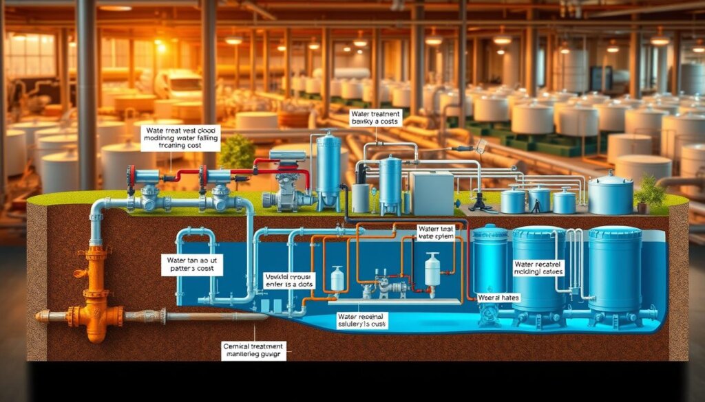 A detailed cross-section diagram of a municipal water treatment and distribution system, showcasing the various components and processes involved in water system maintenance. The foreground features pipes, valves, and pumping stations, with technical annotations highlighting the costs associated with maintaining these elements. The middle ground depicts water treatment facilities, with filtering systems, chemical treatment tanks, and monitoring equipment. In the background, a complex network of underground pipes and storage tanks illustrates the scale and complexity of the overall water infrastructure. The scene is illuminated by warm, industrial lighting, conveying a sense of the practical and functional nature of this essential public service.