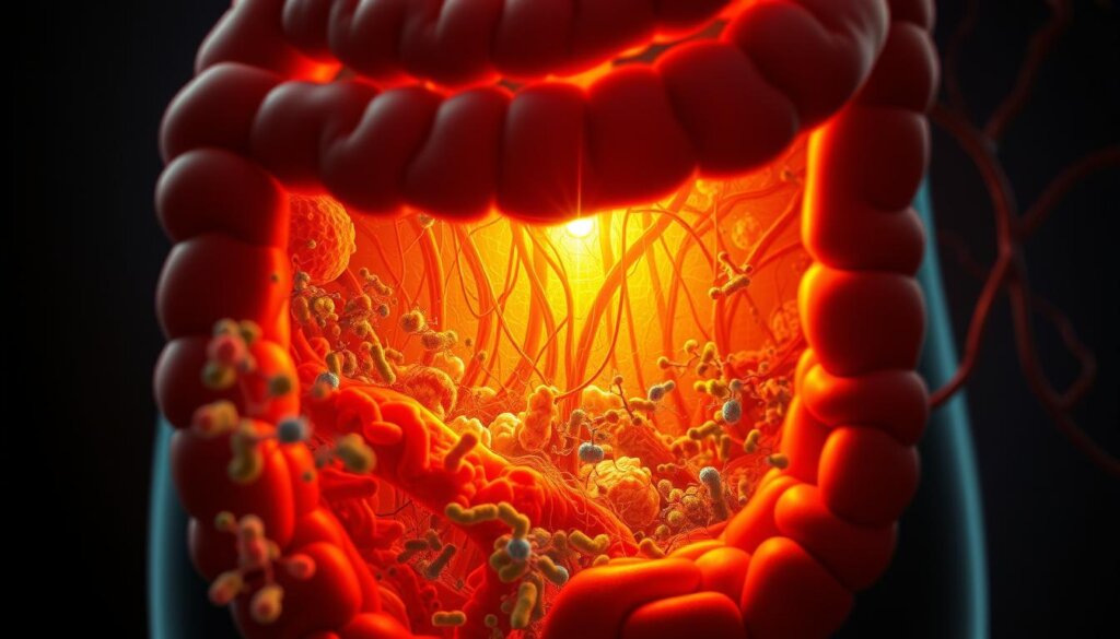 A detailed cross-section of the human gut, showcasing the delicate balance of the microbiome. In the foreground, vibrant bacterial colonies thrive, their diverse shapes and colors illuminated by warm, directional lighting. The middle ground reveals the intestinal lining, with intricate villi and crypts visible. In the background, a network of blood vessels and connective tissue provides support and nourishment. The composition has a scientific, yet organic feel, emphasizing the complex interplay between the gut's anatomy and its microbial inhabitants. Rendered in a realistic, high-detail style with a shallow depth of field to focus the viewer's attention.